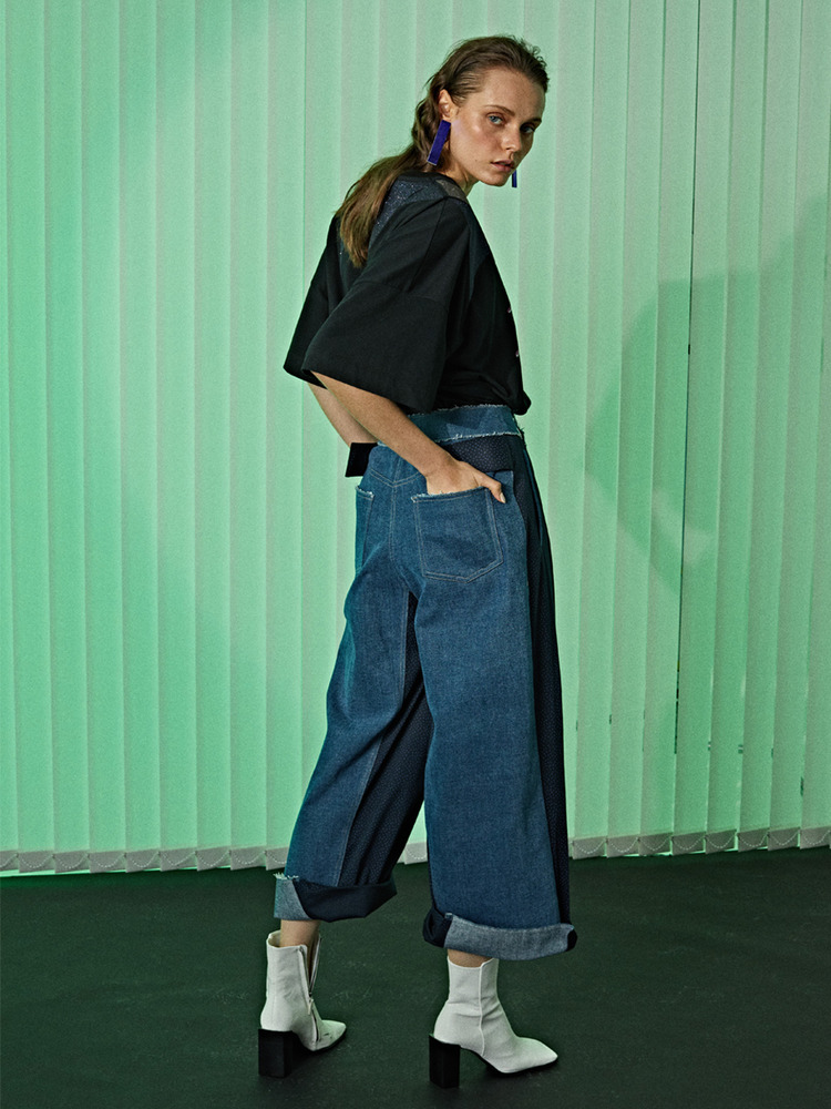 FABRIC MIXED WIDE LEGGED TROUSERS