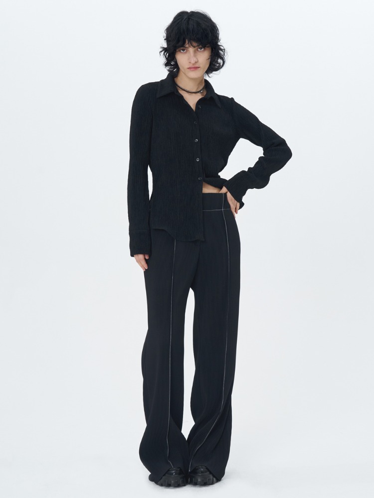 CONTRAST STITCH PLEATED TROUSERS(BLACK)